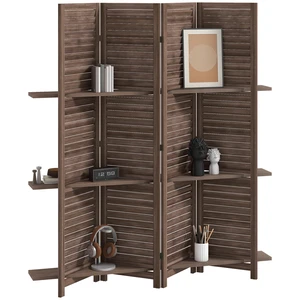 Divider, 4 Panel 67 Inch Tall Privacy Screen with Display Shelves and Folding Storage, Walnut, Acacia Wood Divider, 4 Panel 67 Inch Tall Privacy Screen with Display Shelves and Folding Storage, Walnut, Acacia Wood