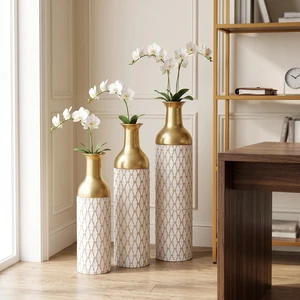 Diamond Embossed Floor Vase Set, Geometric Textured Tall Vases Living and Decor, White Gold, Metal, Jars Diamond Embossed Floor Vase Set, Geometric Textured Tall Vases Living and Decor, White Gold, Metal, Jars