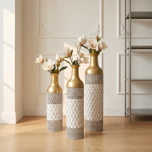 Pack Tall Floor Vase Metal Decorative Vase, Geometric Embossed Floor Standing Accent Decor for Corner Fireplace, White Pack Tall Floor Vase Metal Decorative Vase, Geometric Embossed Floor Standing Accent Decor for Corner Fireplace, White