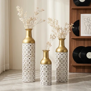 Gold Metal Floor Vase Set, Handcrafted Cutout Hollow Tall Standing Vase Glam Decorative Floor for Living Corner Gold Metal Floor Vase Set, Handcrafted Cutout Hollow Tall Standing Vase Glam Decorative Floor for Living Corner