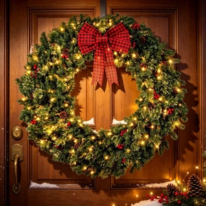 48 Inch Prelit Crestwood Spruce Christmas Wreath with Bow, 8 Light Modes Berries and Pinecones, Green, PVC and Steel 48 Inch Prelit Crestwood Spruce Christmas Wreath with Bow, 8 Light Modes Berries and Pinecones, Green, PVC and Steel