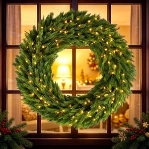 48 in Pre Lit Norwegian Spruce Christmas Wreath with LED Lights, Holiday Front Door Decoration, Green, Plastic 48 in Pre Lit Norwegian Spruce Christmas Wreath with LED Lights, Holiday Front Door Decoration, Green, Plastic