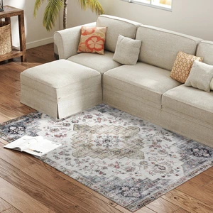 Machine Washable Area Rug, 4 Oriental Medallion Distressed Rugs for Living Non-Slip Low Pile Carpet for Dining Soft Machine Washable Area Rug, 4 Oriental Medallion Distressed Rugs for Living Non-Slip Low Pile Carpet for Dining Soft