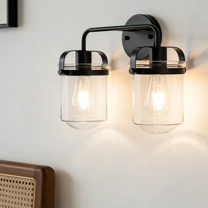 2 Light Wall Sconce, Clear Glass Shade Socket Kitchen Sink Lighting Bulb, Black, Glass, Lighting Lamps 2 Light Wall Sconce, Clear Glass Shade Socket Kitchen Sink Lighting Bulb, Black, Glass, Lighting Lamps