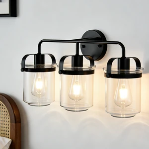 3 Light Wall Sconce, Clear Glass Shade Socket for Living Kitchen Sink Bulb, Black, Glass, Lighting Lamps 3 Light Wall Sconce, Clear Glass Shade Socket for Living Kitchen Sink Bulb, Black, Glass, Lighting Lamps