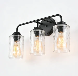 3 Light Wall Sconce, Hand Made Clear Glass Glacier Shade Socket Kitchen Fixture Bulb, Black, Glass, Lighting Lamps 3 Light Wall Sconce, Hand Made Clear Glass Glacier Shade Socket Kitchen Fixture Bulb, Black, Glass, Lighting Lamps