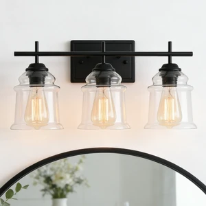 3 Light Wall Sconce, Hand Made Clear Glass Satin Shade Socket Living Kitchen Bulb, Black, Glass, Lighting Lamps 3 Light Wall Sconce, Hand Made Clear Glass Satin Shade Socket Living Kitchen Bulb, Black, Glass, Lighting Lamps