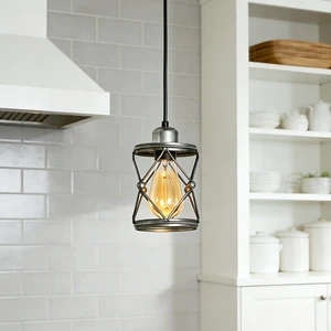 Mini Cage Pendant, Adjustable Kitchen Island Dining Entryway Lamp, Silver, Glass, Lighting Lamps Mini Cage Pendant, Adjustable Kitchen Island Dining Entryway Lamp, Silver, Glass, Lighting Lamps