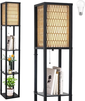 Floor Lamp with Shelves, Corner Floor Lamps for Living with LED Bulb and Double Shades Rattan Standing for Shelf Tall Floor Lamp with Shelves, Corner Floor Lamps for Living with LED Bulb and Double Shades Rattan Standing for Shelf Tall