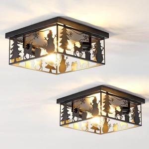 Pack Flush Mount Ceiling with Deer and Snow Man Design, 2 Light Square Metal Fixture for Kitchen Entryway and Lodge Pack Flush Mount Ceiling with Deer and Snow Man Design, 2 Light Square Metal Fixture for Kitchen Entryway and Lodge