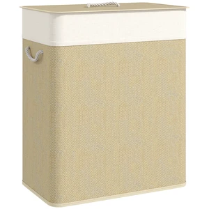 Double Basket with Lid, 26.4 Gallon Bamboo Hamper with Rope Handles Clothes Hamper with Removable Liner, Natural Wood Double Basket with Lid, 26.4 Gallon Bamboo Hamper with Rope Handles Clothes Hamper with Removable Liner, Natural Wood
