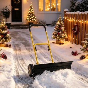29×16.5 Inch Wheeled Snow Pusher, Angle Blade for Driveway Snow Clearing, Yellow, Metal and Steel, Removal Tools 29×16.5 Inch Wheeled Snow Pusher, Angle Blade for Driveway Snow Clearing, Yellow, Metal and Steel, Removal Tools