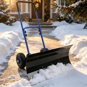 29×16.5 Inch Wheeled Snow Pusher, Angle Blade for Driveway Snow Clearing, Blue, Metal and Steel, Removal Tools 29×16.5 Inch Wheeled Snow Pusher, Angle Blade for Driveway Snow Clearing, Blue, Metal and Steel, Removal Tools