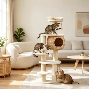 52 Inch Cat Tree Tower with Handwoven Cattail Condo, Bed Multiple Platforms Sisal Scratching Posts and Interactive Toy 52 Inch Cat Tree Tower with Handwoven Cattail Condo, Bed Multiple Platforms Sisal Scratching Posts and Interactive Toy
