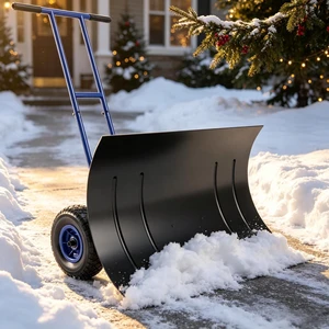 29 Inch Wheeled Snow Pusher, Angle Blade with Wear Strip for Driveway Use, Blue, Metal and Steel, Snow Removal Tools 29 Inch Wheeled Snow Pusher, Angle Blade with Wear Strip for Driveway Use, Blue, Metal and Steel, Snow Removal Tools