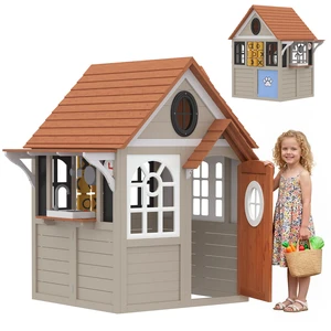 Outdoor Playhouse, Wooden Kids Playhouse with Dog Door Kids Cottage with Cookware Blackboard Clock Tic Tac-Toe Roller Outdoor Playhouse, Wooden Kids Playhouse with Dog Door Kids Cottage with Cookware Blackboard Clock Tic Tac-Toe Roller