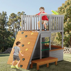Large Wooden Playhouse for Kids Realistic Design Lookout Post Telescope Climb Ramp for 5 Children Outdoor Play, Gray Large Wooden Playhouse for Kids Realistic Design Lookout Post Telescope Climb Ramp for 5 Children Outdoor Play, Gray