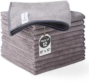 Microfiber Cleaning Cloth 12 Pack, 12x12 Inch Lint Free Streak Free Towels, Ultra Absorbent Cleaning Rags for Cars, Auto Detailing, Kitchen & Windows (12, Grey) Microfiber Cleaning Cloth 12 Pack, 12x12 Inch Lint Free Streak Free Towels, Ultra Absorbent Cleaning Rags for Cars, Auto Detailing, Kitchen & Windows (12, Grey)