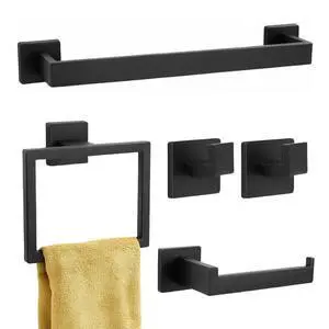 5-Piece Matte Black Bathroom Hardware Accessories Set - 16 Inch Stainless Steel Wall Mounted Towel Rack, Toilet Paper Holder, Towel Ring & 2 Hooks, Bathroom Organizer and Storage 5-Piece Matte Black Bathroom Hardware Accessories Set - 16 Inch Stainless Steel Wall Mounted Towel Rack, Toilet Paper Holder, Towel Ring & 2 Hooks, Bathroom Organizer and Storage