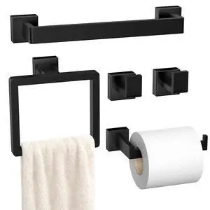 5-Pieces Matte Black Bathroom Hardware Accessories Set, SUS304 Stainless Steel Bath Towel Bar Set, Towel Racks for Bathroom Wall Mounted. 5-Pieces Matte Black Bathroom Hardware Accessories Set, SUS304 Stainless Steel Bath Towel Bar Set, Towel Racks for Bathroom Wall Mounted.