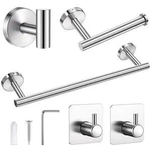 5 Piece Bathroom Accessories Set, Bathroom Hardware Set, Wall Mounted Thickened 304 Stainless Steel Towel Holder Sets, Includes 16" Towel Rod+Toilet Paper Holder+3 Multifunctional Hooks 5 Piece Bathroom Accessories Set, Bathroom Hardware Set, Wall Mounted Thickened 304 Stainless Steel Towel Holder Sets, Includes 16" Towel Rod+Toilet Paper Holder+3 Multifunctional Hooks
