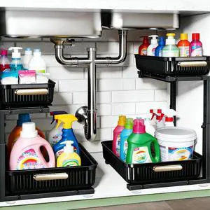 Under Sink Organizer - 2 Pack Multi-Purpose Pull-Out Storage Shelf Under Sink Organizer - 2 Pack Multi-Purpose Pull-Out Storage Shelf