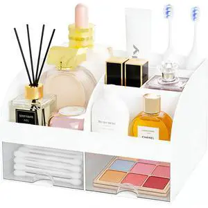 Makeup Organizer with 2 Drawers, Cosmetic Storage for Dresser Vanity and Bathroom Countertop,Make up organization and Skincare Storage with Beauty Brush Holder, Cosmetic Display Case (White) Makeup Organizer with 2 Drawers, Cosmetic Storage for Dresser Vanity and Bathroom Countertop,Make up organization and Skincare Storage with Beauty Brush Holder, Cosmetic Display Case (White)