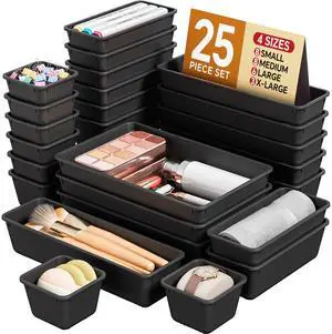 25 PCS Plastic Drawer Organizers Set, 4 Sizes Vanity Organizer, Makeup and Desk Drawer Organizer Trays, Organization and Storage for Makeup, Bathroom, Kitchen Utensils and Office (Black) 25 PCS Plastic Drawer Organizers Set, 4 Sizes Vanity Organizer, Makeup and Desk Drawer Organizer Trays, Organization and Storage for Makeup, Bathroom, Kitchen Utensils and Office (Black)
