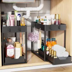 Under Sink Organizer 2 Pack, Sink Pull-Out Sliding Storage Cabinet, 2-Tier Under Shelf Organizer for Kitchen Bathroom, Black Under Sink Organizer 2 Pack, Sink Pull-Out Sliding Storage Cabinet, 2-Tier Under Shelf Organizer for Kitchen Bathroom, Black