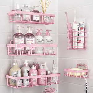 5 Pack Shower Caddy Organizer Rack Shelf for Inside Shower, Adhesive Bathroom Wall Storage Basket Rustproof Stainless Steel Shampoo Holder, Girly Bathroom Accessory Decor Set, Pink 5 Pack Shower Caddy Organizer Rack Shelf for Inside Shower, Adhesive Bathroom Wall Storage Basket Rustproof Stainless Steel Shampoo Holder, Girly Bathroom Accessory Decor Set, Pink