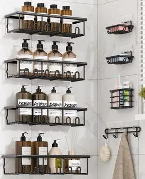 8 Pack Adhesive Rustproof Shower Caddy with Soap Dishes, Toothbrush Holder & Hooks, Large Capacity No-Drilling Shower Shelves Rack for Bathroom Organizers and Storage Accessories, Black 8 Pack Adhesive Rustproof Shower Caddy with Soap Dishes, Toothbrush Holder & Hooks, Large Capacity No-Drilling Shower Shelves Rack for Bathroom Organizers and Storage Accessories, Black