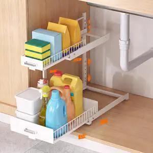 Under Sink Organizer, 2 Tier Slide Out Cabinet Organizer with Pulley, Height Adjustable Pull Out Shelf for Kitchen, Bathroom, Laundry and Utility Storage, White, 1 Pack Under Sink Organizer, 2 Tier Slide Out Cabinet Organizer with Pulley, Height Adjustable Pull Out Shelf for Kitchen, Bathroom, Laundry and Utility Storage, White, 1 Pack