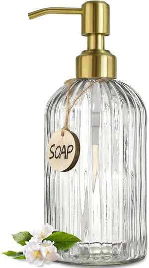 18Oz Glass Soap Dispenser with Golden Pump for Kitchen,Refillable Liquid Hand soap Dispenser with Vertical Stripe, Clear Soap Dispenser Bathroom for Hand soap, Dish Soap, Lotion 18Oz Glass Soap Dispenser with Golden Pump for Kitchen,Refillable Liquid Hand soap Dispenser with Vertical Stripe, Clear Soap Dispenser Bathroom for Hand soap, Dish Soap, Lotion