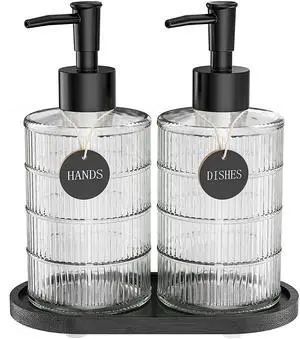 Soap Dispenser Set with Bamboo Tray, Dish and Hand Soap Lotion Dispenser Set with Wooden Pump for Kitchen and Bathroom Decor for Counter, Modern Vintage Liquid Soap Dispensers (Clear&Black) Soap Dispenser Set with Bamboo Tray, Dish and Hand Soap Lotion Dispenser Set with Wooden Pump for Kitchen and Bathroom Decor for Counter, Modern Vintage Liquid Soap Dispensers (Clear&Black)