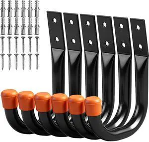 6-Pack Heavy Duty Metal Wall Hooks, Large Garage Storage & Organization Hooks for Tools, Extension Cords, Ladders, and Bags, Wall Mount J Hooks for Indoor Outdoor Use, Black 6-Pack Heavy Duty Metal Wall Hooks, Large Garage Storage & Organization Hooks for Tools, Extension Cords, Ladders, and Bags, Wall Mount J Hooks for Indoor Outdoor Use, Black