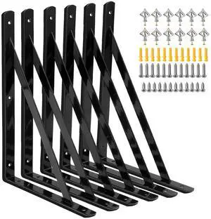 Heavy Duty Shelf Brackets 12 x 8 inch, 6 Pack Wall Shelf Brackets with 90 Degree Triangle, Black Metal L Brackets, Shelves L Brackets(300x190mm) Heavy Duty Shelf Brackets 12 x 8 inch, 6 Pack Wall Shelf Brackets with 90 Degree Triangle, Black Metal L Brackets, Shelves L Brackets(300x190mm)