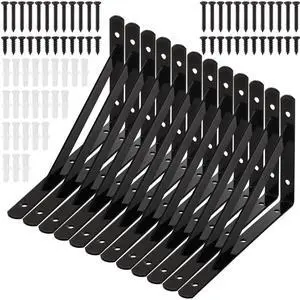 12 Pack Heavy Duty Shelf Brackets, 8 in x 5 in Wall Mount Steel L Shelf Bracket, Angle Brackets for Floating Shelves, Black Metal Powder-Coated 12 Pack Heavy Duty Shelf Brackets, 8 in x 5 in Wall Mount Steel L Shelf Bracket, Angle Brackets for Floating Shelves, Black Metal Powder-Coated
