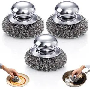 3Pcs Steel Wool Scrubber with Handle,Stainless Scrubber Set for Cleaning Dishes Stoves Pots 3Pcs Steel Wool Scrubber with Handle,Stainless Scrubber Set for Cleaning Dishes Stoves Pots