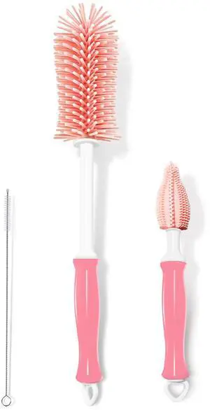 Bottle Brush Set 3-in-1, Including Long Handle Silicone Bottle Brush, Detail Cleaner, Straw Brush, Non Scratch Cleaning Brushes for Water Bottles, Tumblers and Glass (Pink) Bottle Brush Set 3-in-1, Including Long Handle Silicone Bottle Brush, Detail Cleaner, Straw Brush, Non Scratch Cleaning Brushes for Water Bottles, Tumblers and Glass (Pink)