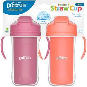 Milestones Insulated Sippy Cup with Straw and Handles, Spill-Proof Tumbler with Lid, Pink/Coral, 10 oz/300 mL, BPA-Free, 12m+, 2-Pack Milestones Insulated Sippy Cup with Straw and Handles, Spill-Proof Tumbler with Lid, Pink/Coral, 10 oz/300 mL, BPA-Free, 12m+, 2-Pack