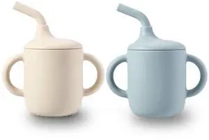2 Pack 100% Tiny Silicone Drinking Training Cup with Handles & Straw for Baby and Toddler (White Blue) 2 Pack 100% Tiny Silicone Drinking Training Cup with Handles & Straw for Baby and Toddler (White Blue)