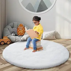 White Round Shag Area Rug for Bedroom, 3'X3' Soft Plush Carpet White Round Shag Area Rug for Bedroom, 3'X3' Soft Plush Carpet