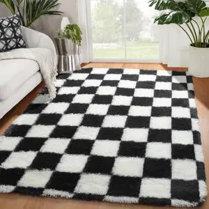 Black and White Fluffy Soft Checkered Rug Fuzzy Shag Shaggy Carpet, Indoor Plush Floor Rugs for Kids Boys Girls Teen Dorm Nursery Home Decor Aesthetic Black and White Fluffy Soft Checkered Rug Fuzzy Shag Shaggy Carpet, Indoor Plush Floor Rugs for Kids Boys Girls Teen Dorm Nursery Home Decor Aesthetic