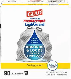 Tall Kitchen Trash Bags, Rip and Leak Resistant, LeakGuard, Sunshine Lemon Scented Tall Garbage Bags, Odor Control, Febreze Freshness, 13 Gallon, 90 Count Tall Kitchen Trash Bags, Rip and Leak Resistant, LeakGuard, Sunshine Lemon Scented Tall Garbage Bags, Odor Control, Febreze Freshness, 13 Gallon, 90 Count