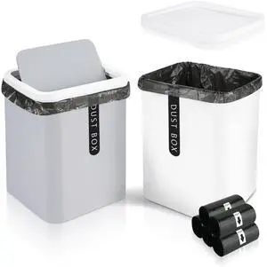2Pcs Mini Trash Can with Lid, Plastic Mini Wastebasket with 5 Roll Trash Bags, Tiny Desktop Waste Garbage Bin for Kitchen Bathroom Office Home Desk Bedroom Vanity Tabletop(White+Grey) 2Pcs Mini Trash Can with Lid, Plastic Mini Wastebasket with 5 Roll Trash Bags, Tiny Desktop Waste Garbage Bin for Kitchen Bathroom Office Home Desk Bedroom Vanity Tabletop(White+Grey)
