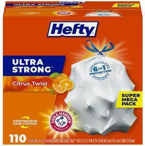Ultra Strong 13 Gal Kitchen Trash Bags, White, Citrus Twist, 110ct Ultra Strong 13 Gal Kitchen Trash Bags, White, Citrus Twist, 110ct