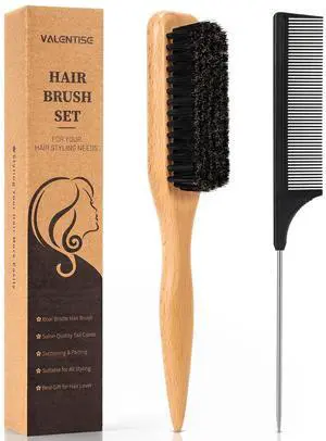 Boar Bristle Slick Back Hair Brush, Teasing Hair Brush with Black Carbon Fiber and Stainless Steel Tail Comb, Slick Hair Brush Set for Parting and Sectioning, Suitable for All Styling Boar Bristle Slick Back Hair Brush, Teasing Hair Brush with Black Carbon Fiber and Stainless Steel Tail Comb, Slick Hair Brush Set for Parting and Sectioning, Suitable for All Styling