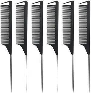 Metal Carbon Fiber Parting Rat Tail Comb for Women Men Kids Braiding Styling Hair (Black 6Pcs) Metal Carbon Fiber Parting Rat Tail Comb for Women Men Kids Braiding Styling Hair (Black 6Pcs)