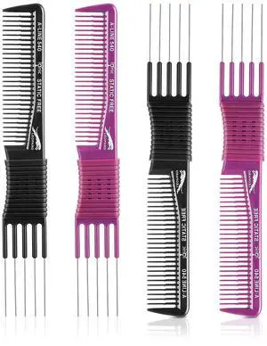 4 Pcs Carbon Lift Teasing Comb with Metal Prong Lift Teasing Comb and Hair Pick Salon Fluffing with 5 Stainless Steel Pins for Women Hair(Black and Purple) 4 Pcs Carbon Lift Teasing Comb with Metal Prong Lift Teasing Comb and Hair Pick Salon Fluffing with 5 Stainless Steel Pins for Women Hair(Black and Purple)