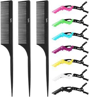 10Pcs Rat Tail Comb Hair Clips Set:3 Anti-Static, Heat-Resistant Carbon Fiber Parting Comb and 7 Sectioning Hair Clips Suitable for Precision Sectioning, Coloring, Braiding, and Daily Styling(Black) 10Pcs Rat Tail Comb Hair Clips Set:3 Anti-Static, Heat-Resistant Carbon Fiber Parting Comb and 7 Sectioning Hair Clips Suitable for Precision Sectioning, Coloring, Braiding, and Daily Styling(Black)